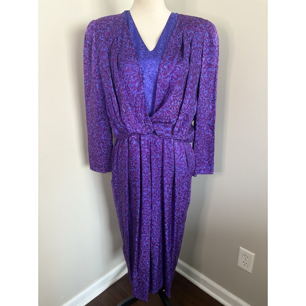VTG Norah Noh 100% Silk Dress 80's Purple Pleated Shoulder Pads Blouson 12 Large